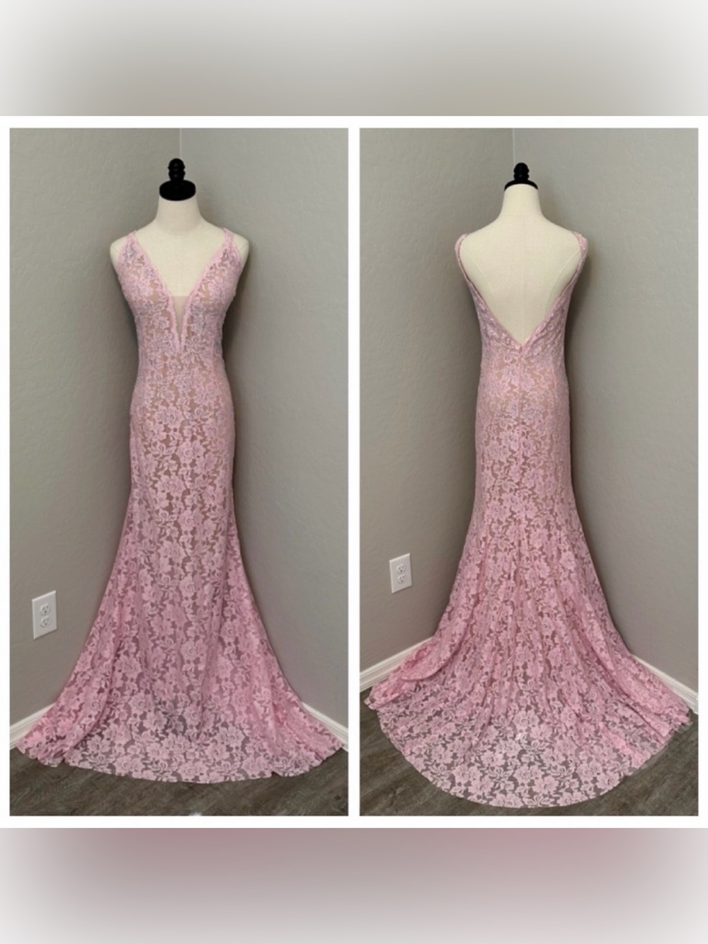 NEW JOVANI SZ 18 PINK LACE NUDE ILLUSION BEADED FORMAL EVENING GOWN